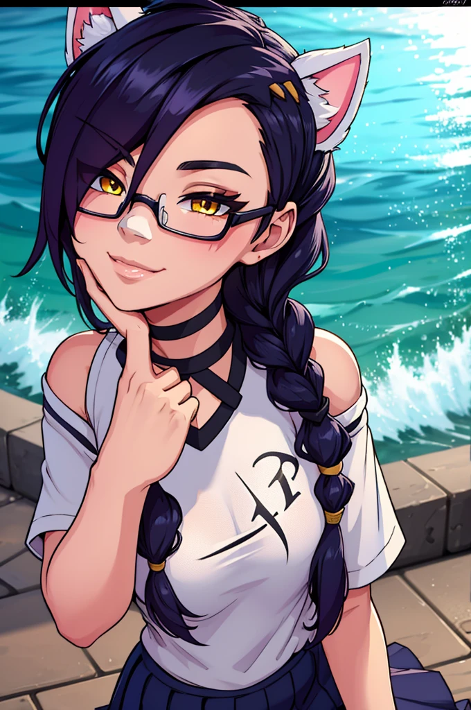 Erisa, 1girl, solo, long hair, looking at viewer, black hair, bandaid on face, yellow eyes, animal ears, smile, bandaid on nose, braid, cat ears, bandaid, bangs, breasts, fake animal ears, simple background, fang, bare shoulders, scar, bare shoulders, short sleeves, closed mouth, t-shirt, hair over one eye, portrait, hair over shoulder, skin tight shirt, legs, glasses, school wear, outfit, short skirt, ocean view, seductive, realistic, detailed eyes, best quality, masterpiece, ultra detail, ultra high res, extreme detail, 8k, uhd