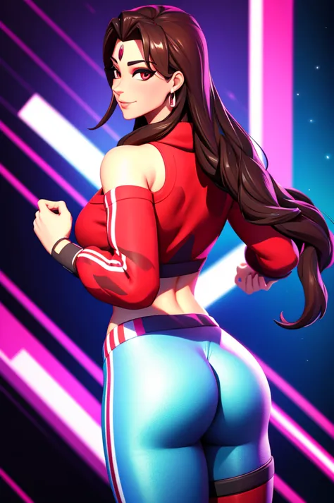 ruby , (fortnite),1girl, solo, long hair, looking at viewer, smile, breasts, city background, butt, bare shoulders, tight shirt,...