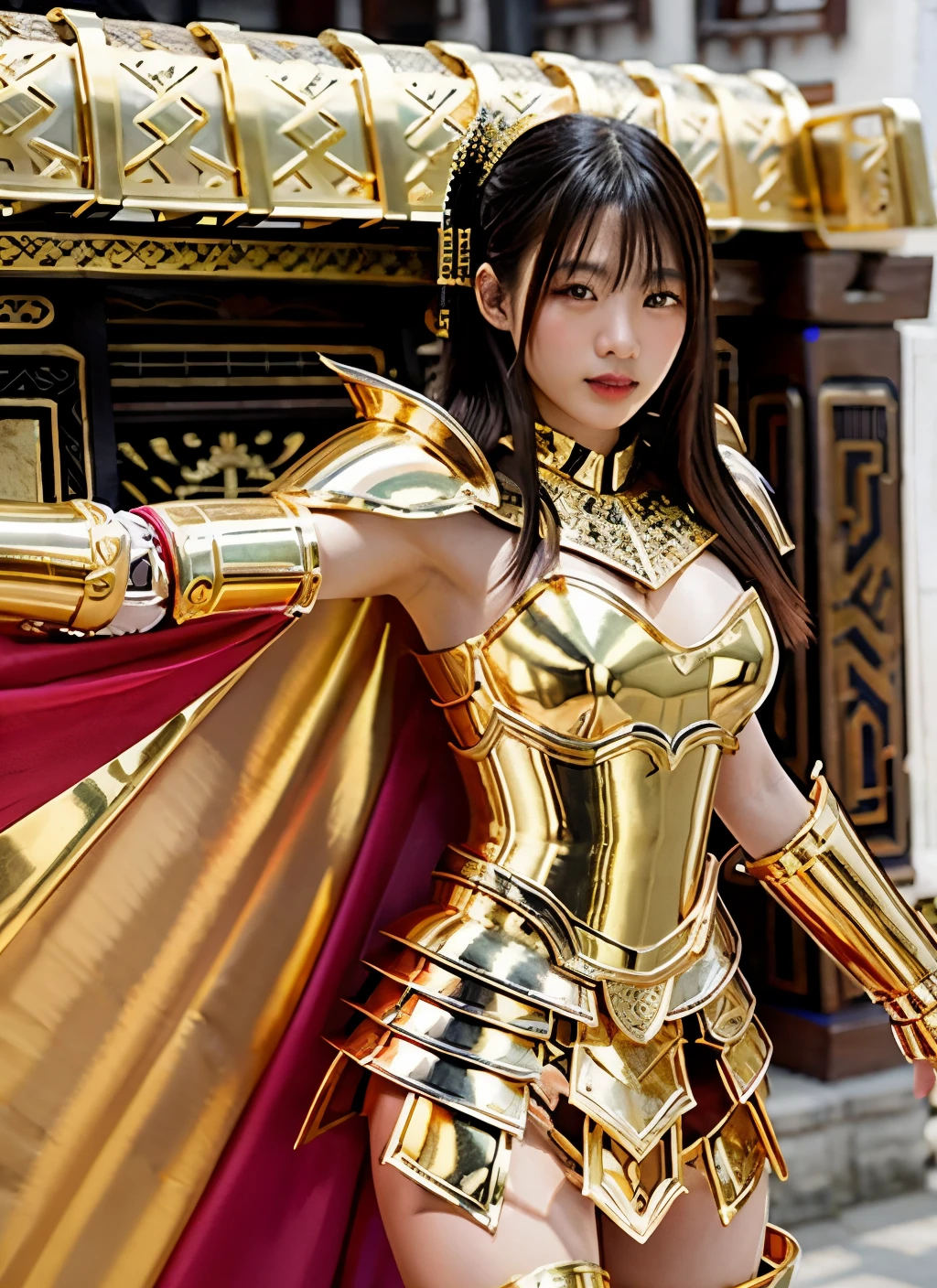 ultra‐realistic, sharp-focused, a beautiful 17 year old female knight, a model with ethnicity mix of Korean and Chinese, wearing sexy shiny gold armor in style of ancient Thai art, highly detailed and intricate armor, stacked shoulder armor, multi-piece metal skirt partially open, partially nude thigh, partially-visible black lingerie, big deep purple cape, --v 4-