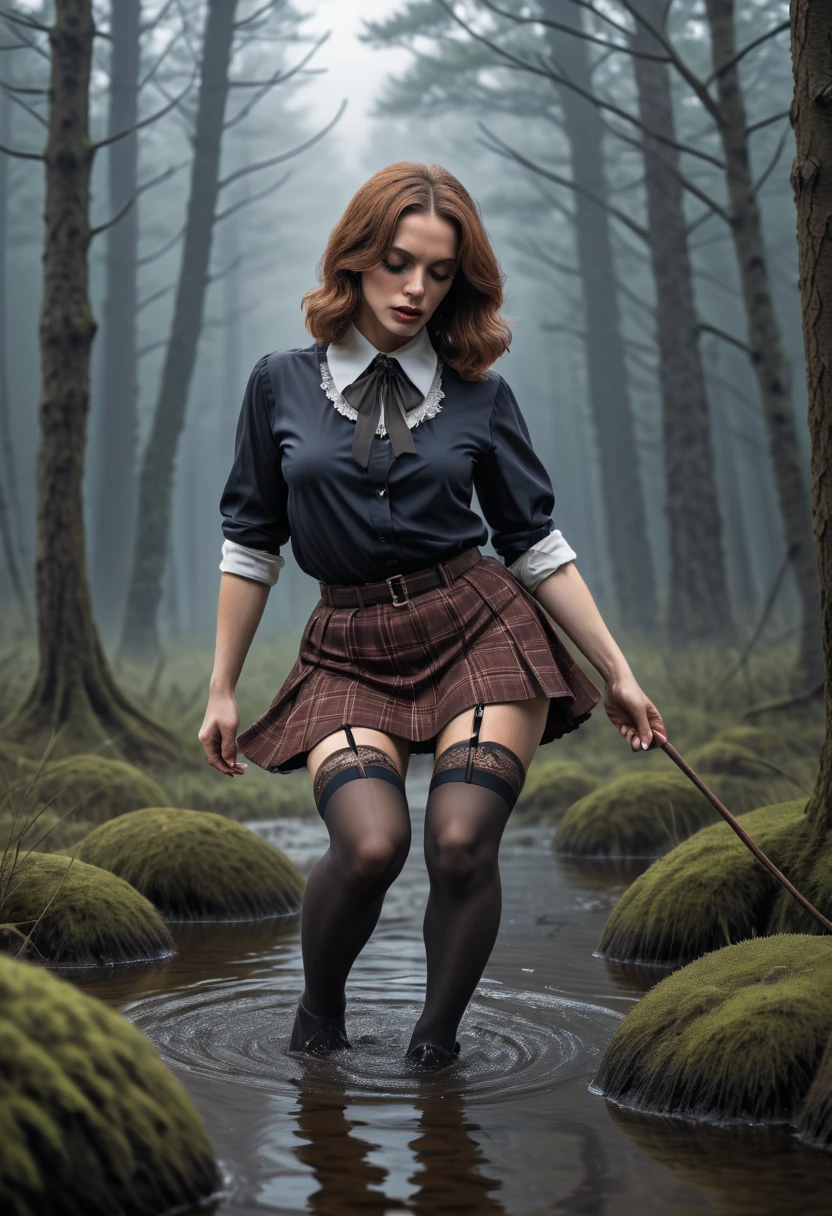 70s style illustration,tortured by lust shy vulnerable desperate mature female drowning in the middle of forest bog and sexy tease herself,skirt,blouse,(stockings with garters),indulging in fetish, (can't hold orgasm squirt), dark ecstasy