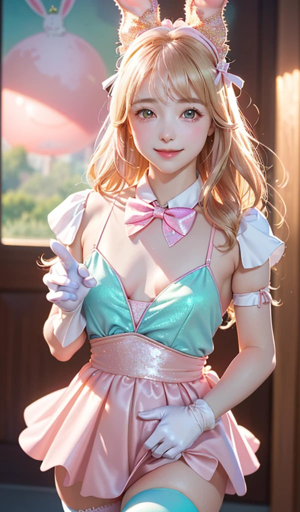 
masterpiece, best quality, extremely detailed CG unity 8k wallpaper, ,, ,(Upper Body head close-up shot of a beautiful little girl), Wendy, Long straight blonde hair,((Mckenna Grace)), (((flat chest))),((pink-Cyan))golden ((Glittering Maid Dress,Bunny Ear Headgear ,glove,Bow-tie,zettai ryouiki))， (()),(),(()),,(()) ,(((fleeing))), (Blush), oil skin ,()，, () (()),,(seductive smile)，,,, ,, (Wonderland),,(),,pretty fac, key art, award winning, intricate detail realism hdr, by (ruan jia and artgerm and range murata), Photorealism, Hyperrealism, ultra realistic, dramatic light, intense shadows, gorgeous view,depth of field