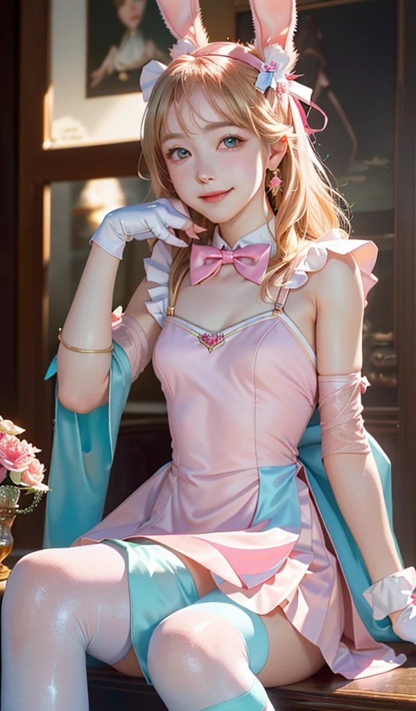 
masterpiece, best quality, extremely detailed CG unity 8k wallpaper, ,, ,(Upper Body head close-up shot of a beautiful little girl), Wendy, Long straight blonde hair,((Mckenna Grace)), (((flat chest))),((pink-Cyan))golden ((Glittering Maid Dress,Bunny Ear Headgear ,glove,Bow-tie,zettai ryouiki))， (()),(),(()),,(()) ,(((sitting))), (Blush), oil skin ,()，, () (()),,(seductive smile)，,,, ,, (Wonderland),,(),,pretty fac, key art, award winning, intricate detail realism hdr, by (ruan jia and artgerm and range murata), Photorealism, Hyperrealism, ultra realistic, dramatic light, intense shadows, gorgeous view,depth of field