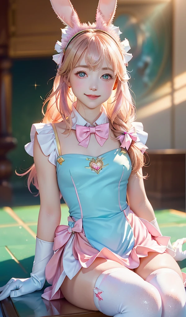 
masterpiece, best quality, extremely detailed CG unity 8k wallpaper, ,, ,(Upper Body head close-up shot of a beautiful little girl), Wendy, Long straight blonde hair,((Mckenna Grace)), (((flat chest))),((pink-Cyan))golden ((Glittering Maid Dress,Bunny Ear Headgear ,glove,Bow-tie,zettai ryouiki))， (()),(),(()),,(()) ,(((sitting))), (Blush), oil skin ,()，, () (()),,(seductive smile)，,,, ,, (Wonderland),,(),,pretty fac, key art, award winning, intricate detail realism hdr, by (ruan jia and artgerm and range murata), Photorealism, Hyperrealism, ultra realistic, dramatic light, intense shadows, gorgeous view,depth of field