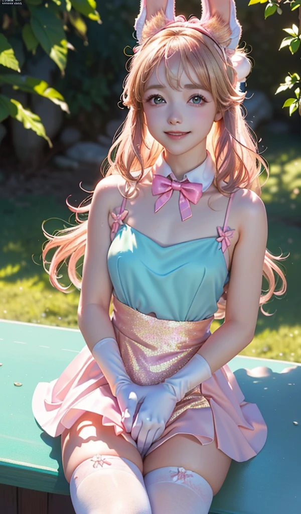 
masterpiece, best quality, extremely detailed CG unity 8k wallpaper, ,, ,(Upper Body head close-up shot of a beautiful little girl), Wendy, Long straight blonde hair,((Mckenna Grace)), (((flat chest))),((pink-Cyan))golden ((Glittering Maid Dress,Bunny Ear Headgear ,glove,Bow-tie,zettai ryouiki))， (()),(),(()),,(()) ,(((sitting))), (Blush), oil skin ,()，, () (()),,(seductive smile)，,,, ,, (Wonderland),,(),,pretty fac, key art, award winning, intricate detail realism hdr, by (ruan jia and artgerm and range murata), Photorealism, Hyperrealism, ultra realistic, dramatic light, intense shadows, gorgeous view,depth of field