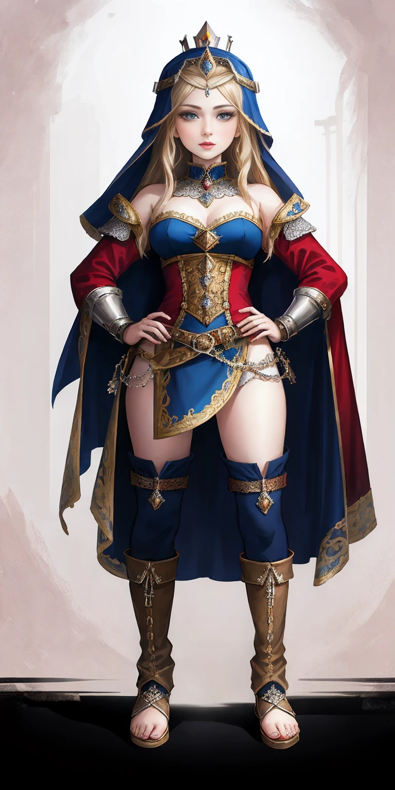 corpo inteiro de uma mulher em um vestido com véu, PÉS JUNTOS, standing PÉS JUNTOS, militar boots, linda fantasia donzela escrava guerreira, lindo retrato de arte de fantasia, arte vitoriana de fantasia, arte de fantasia medieval, linda e elegante rainha Roxxane, retrato da rainha da luz, arte de retrato de fantasia, arte de fantasia gótica, uma linda imperatriz de fantasia, ((fundo branco)) mãos nos quadris
