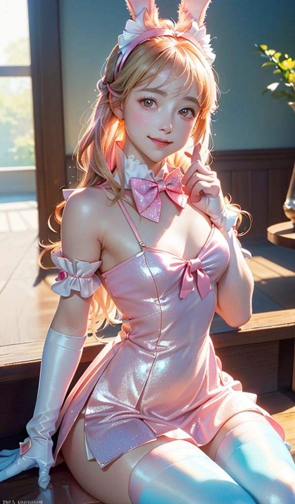 
masterpiece, best quality, extremely detailed CG unity 8k wallpaper, ,, ,(Upper Body head close-up shot of a beautiful little girl), Wendy, Long straight blonde hair,((Mckenna Grace)), (((flat chest))),((pink-Cyan))golden ((Glittering Maid Dress,Bunny Ear Headgear ,glove,Bow-tie,zettai ryouiki))， (()),(),(()),,(()) ,(((sitting))), (Blush), oil skin ,()，, () (()),,(seductive smile)，,,, ,, (Wonderland),,(),,pretty fac, key art, award winning, intricate detail realism hdr, by (ruan jia and artgerm and range murata), Photorealism, Hyperrealism, ultra realistic, dramatic light, intense shadows, gorgeous view,depth of field