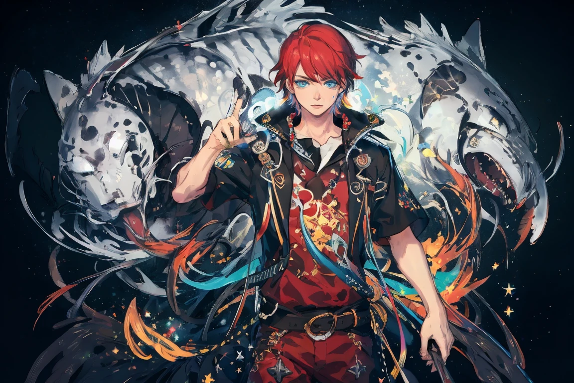 (Masterpiece:1.2, high quality), (pixiv:1.4), 1 man with short red hair, tall handsome man, fansty world
