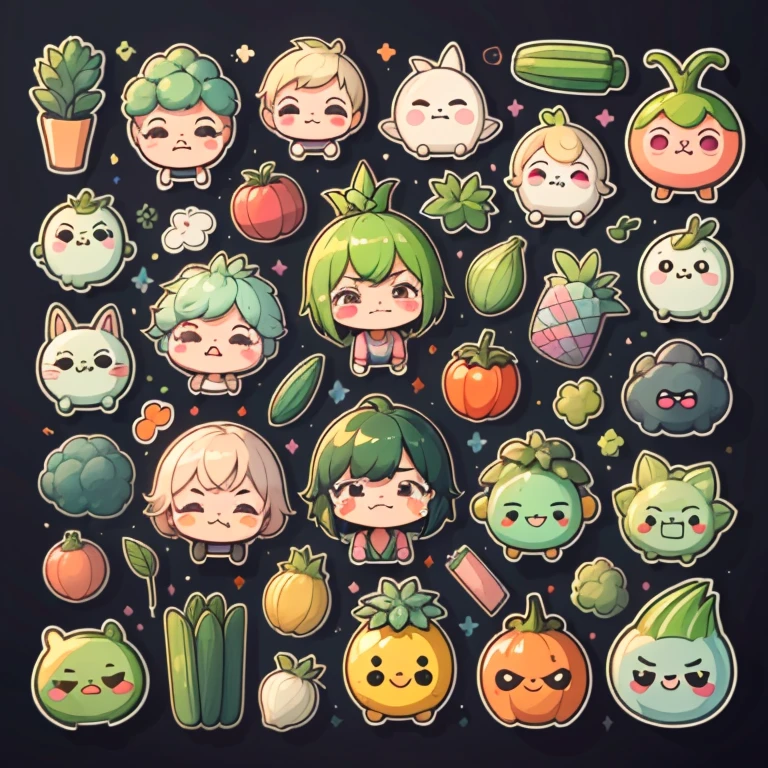 1sticker, handbook,black background, simple background, Minimal, cute, small, pastel colour, vector style, no gradien,(Personification of various vegetables)、(crying face、smiling face、angry face、troubled face、angry face、Various facial expressions),