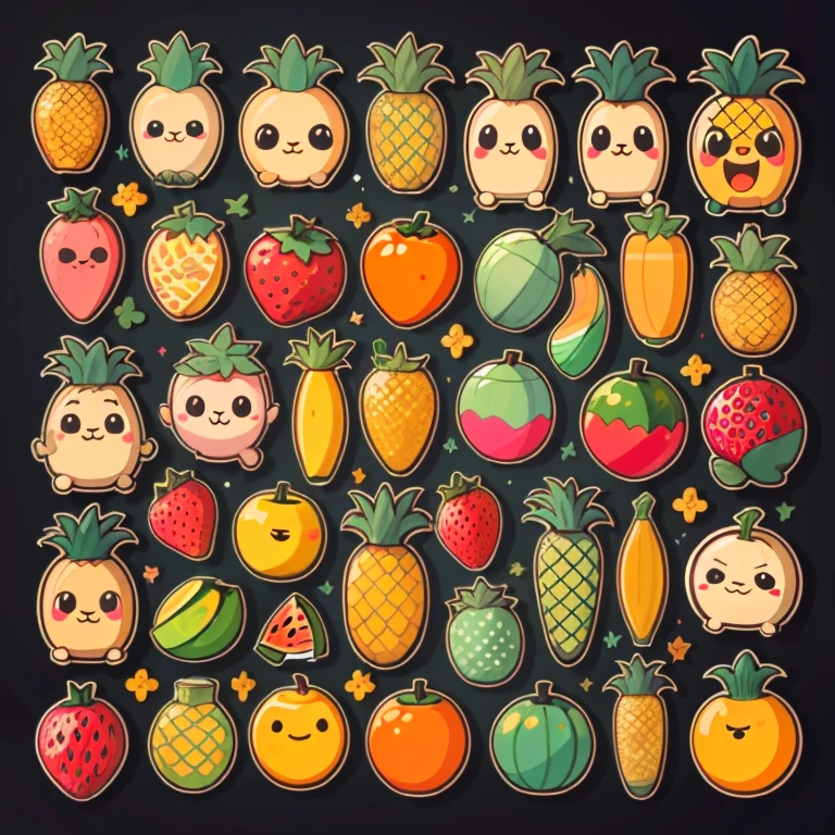 1sticker, handbook,black background, simple background, Minimal, cute, small, pastel colour, vector style, no gradien,(Anthropomorphic fruits such as bananas, melons, mandarin oranges, pineapples, and strawberries.)、(crying face、smiling face、angry face、troubled face、angry face、Various facial expressions),