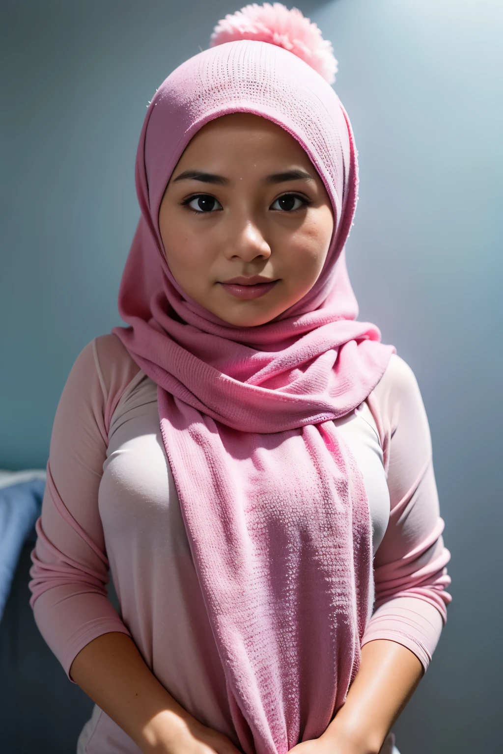 1 malay girl , modern pom-pom hijab,  shy, medium portrait shot , watery  eyes , blue glowing particles, wear soft pink cotton naked and panties, blue bedroom background, bright front light,