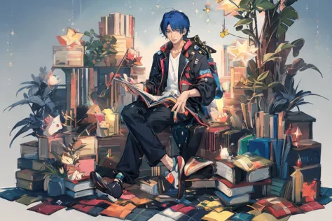 (masterpiece:1.2, high quality), (pixiv:1.4), 1 man with short blue hair, tall handsome man, fansty world