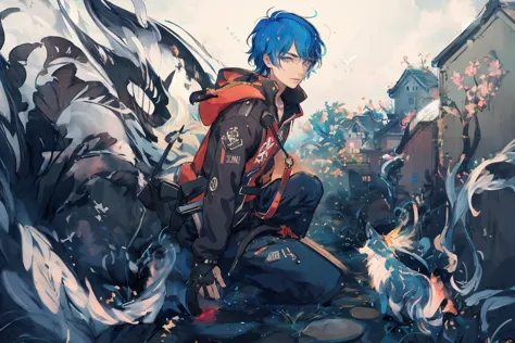 (masterpiece:1.2, high quality), (pixiv:1.4), 1 man with short blue hair, tall handsome man, fansty world