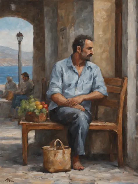 oil painting on canvas, artist Nikos Giftakis, Waiting