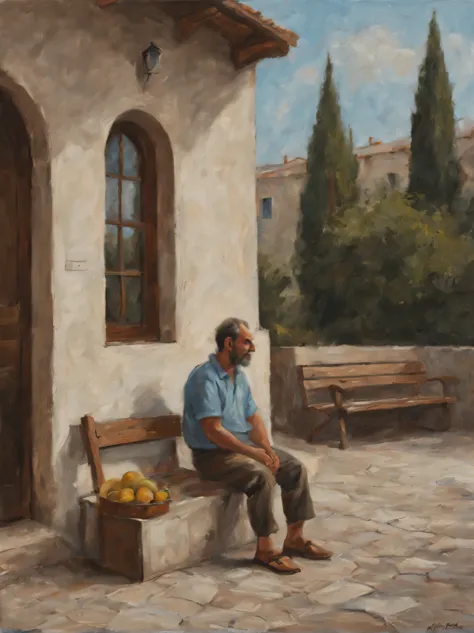 oil painting on canvas, artist nikos giftakis, waiting