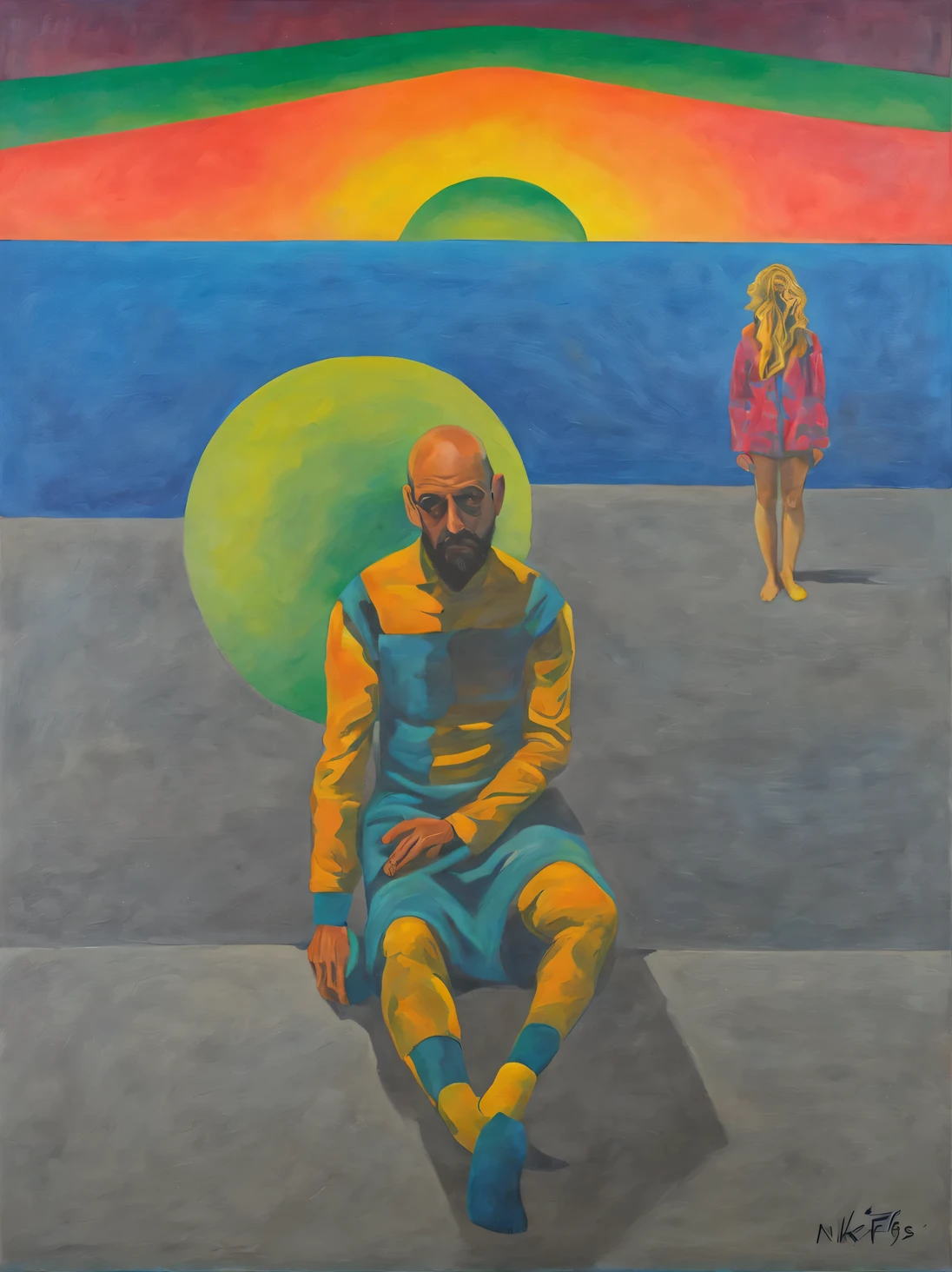oil painting on canvas, artist Nikos Giftakis, Waiting, Vanguard, psychedelic