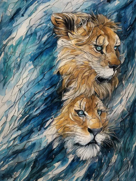 lion, lion face, ศิลปะญี่ปุ่น, japan styls, (best quality,highres,masterpiece:1.2),ultra-detailed,realistic,watercolor painting,...