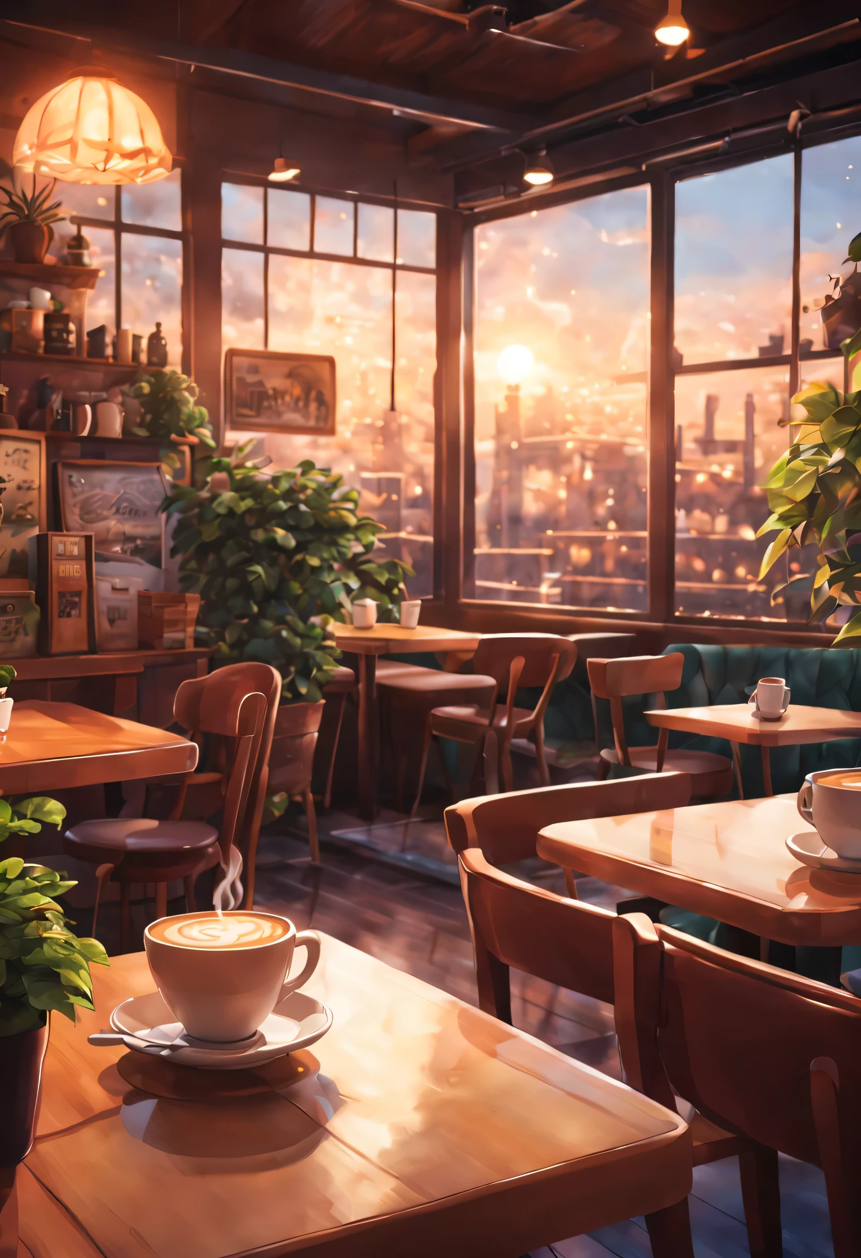 Anime-style, horizontal, the interior of a coffee shop is illustrated with intricate details and vibrant colors. Delicate steam rises from the hot coffee cup on the table, seats are with soft cushions, a lot of potted plants, adding to the cozy and inviting atmosphere. Soft lighting casts a warm and beautiful glow over the dreamy scene, it's evening time, making it an ideal place to unwind and escape reality. (Prompt B and C) Anime-style coffee shop interior, hot coffee steaming on the table, creating a cozy, beautiful and dreamy ambiance. (High resolution, 8k) Very detailed anime illustration of a coffee shop interior, showcasing a hot cup of coffee on a table, evoking a warm and cozy
