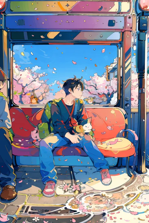 (masterpiece:1.2), best quality,pixiv,fairy tale style, 1 man waiting his bus, spring, cherry blossom