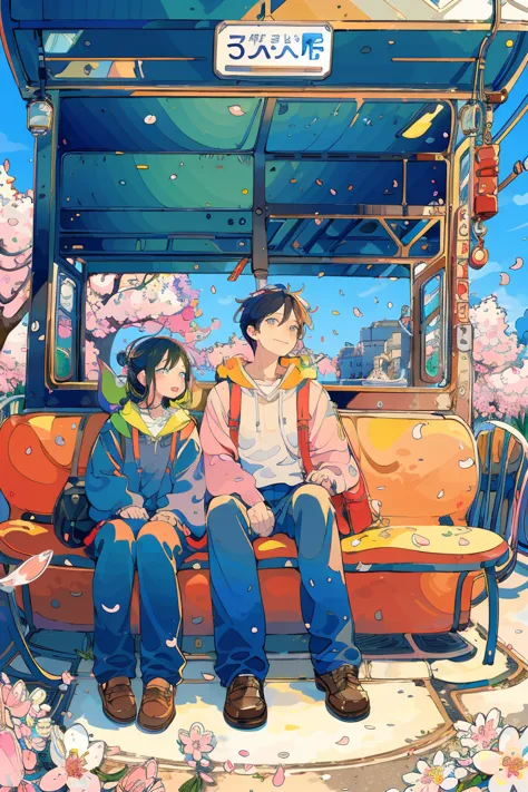 (masterpiece:1.2), best quality,pixiv,fairy tale style, 1 man waiting his bus, spring, cherry blossom