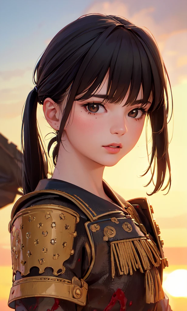 4k, 8k, best quality, ultra high res, (photorealistic:1.4),(masterpiece:1.2), best quality, masterpiece, highres, original, extremely detailed wallpaper, (ultra-detailed), (best illustration), (best shadow), (realism), realistic, 1girl, solo, ((adult)) , samurai, black hair, bangs, (high ponytail), very detailed faces, (detail eyes:1.2), brown eyes, (red armor), uniform, shoulder badge, shibari, looking at viewer, cool face, blood on face, dirty face, slime girl, cowboy shot, dusk, yellow sun, grass field, 