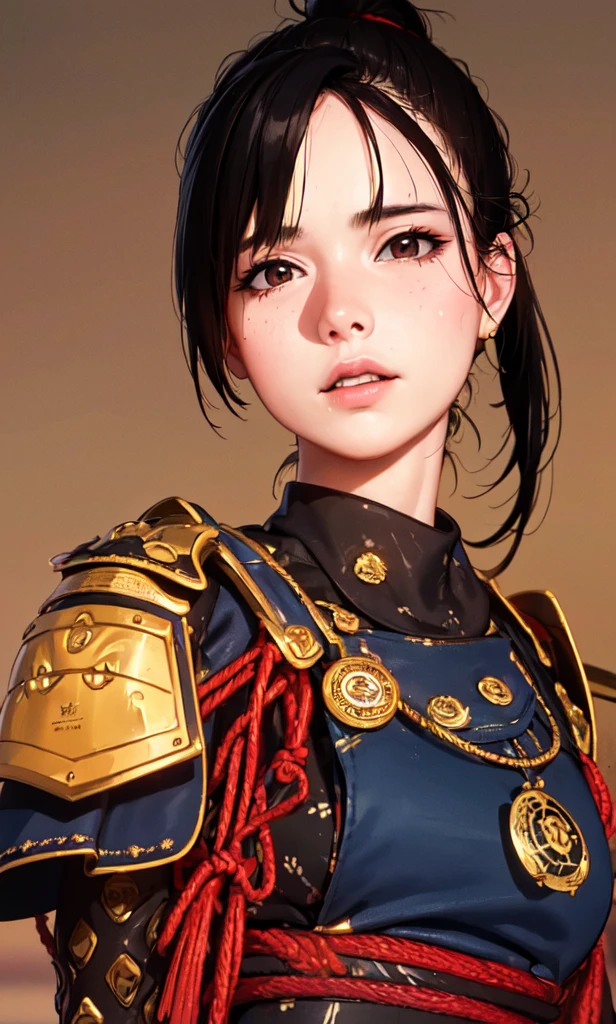 4k, 8k, best quality, ultra high res, (photorealistic:1.4),(masterpiece:1.2), best quality, masterpiece, highres, original, extremely detailed wallpaper, (ultra-detailed), (best illustration), (best shadow), (realism), realistic, 1girl, solo, ((adult)) , samurai, black hair, bangs, (high ponytail), very detailed faces, (detail eyes:1.2), brown eyes, (red armor), uniform, shoulder badge, shibari, looking at viewer, cool face, blood on face, dirty face, slime girl, cowboy shot, dusk, yellow sun, grass field, 