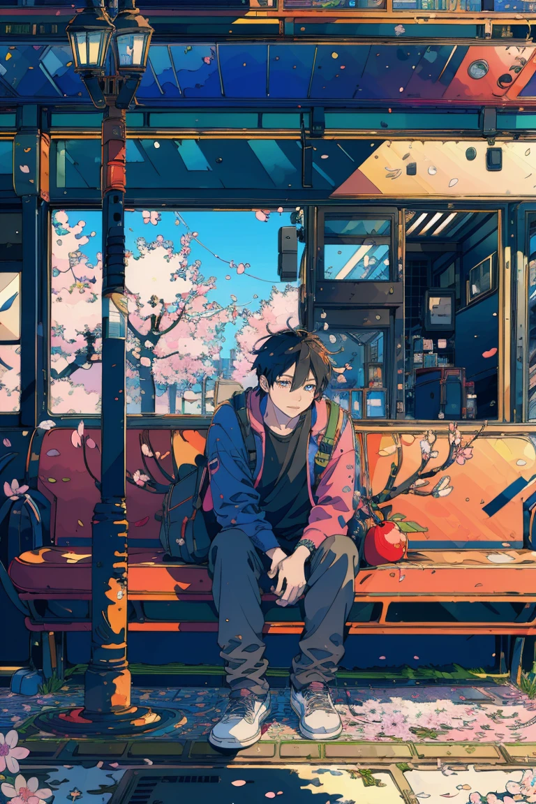 (masterpiece:1.2), best quality,PIXIV,fairy tale style, 1 man waiting his bus, spring, cherry blossom

