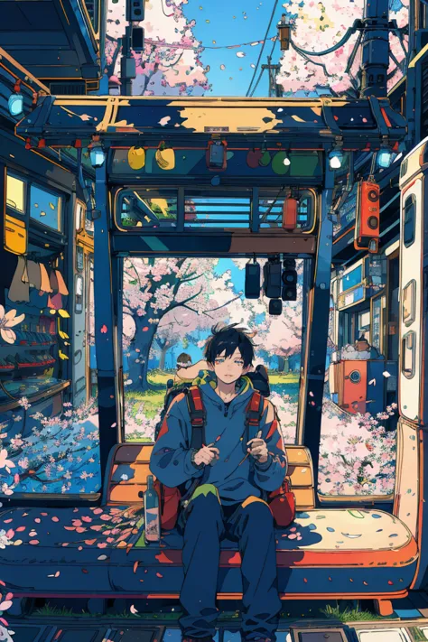 (masterpiece:1.2), best quality,pixiv,fairy tale style, 1 man waiting his bus, spring, cherry blossom