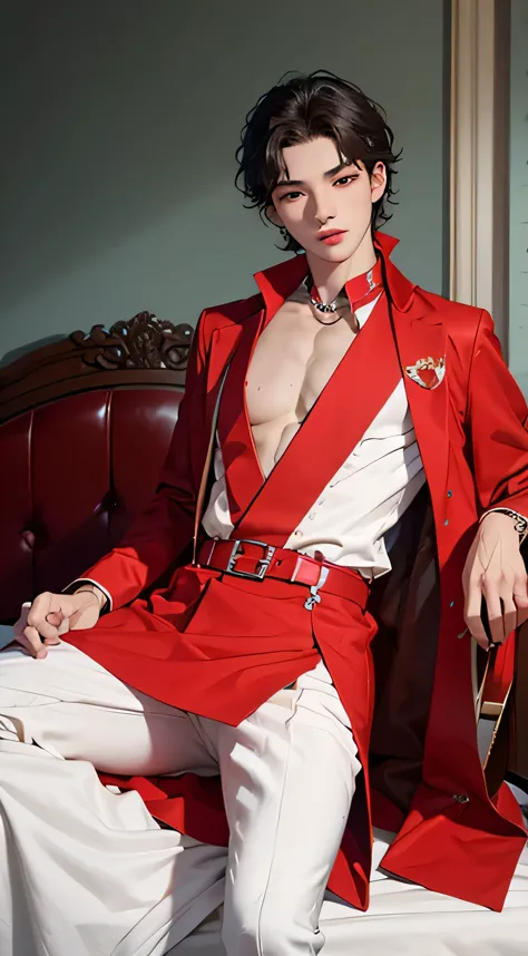 Masterpiece, youth, handsome, Youthful, , sexy pose, charming,on the bed,shirt collar,woman,loosen clothes,red
