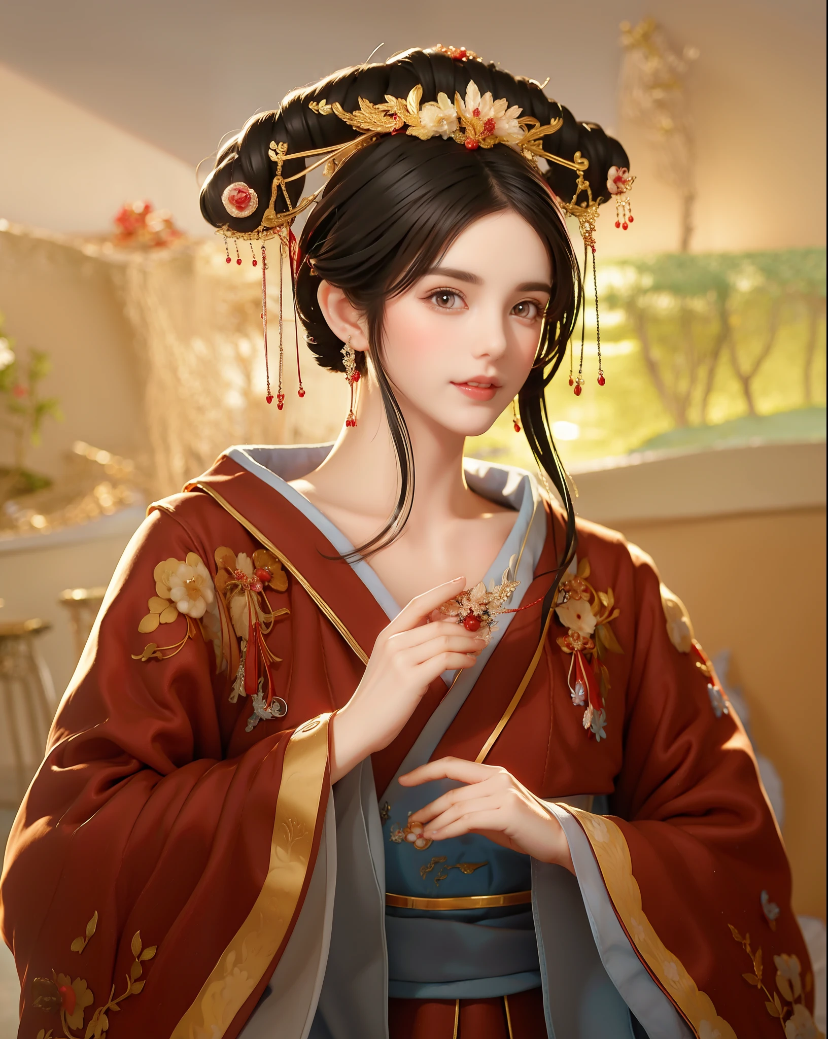 tmasterpiece，Highest high resolution，((Sedan))，Dynamic bust of beautiful Chinese princess，the bride，Jet black hair is elegantly coiled，（(Wearing a huge red crown))，veils，Purple clear eyes，The hair is covered with beautiful and delicate floral craftsmanship, Crystal jewelry filigree，Ultra-detailed details，upscaled。
