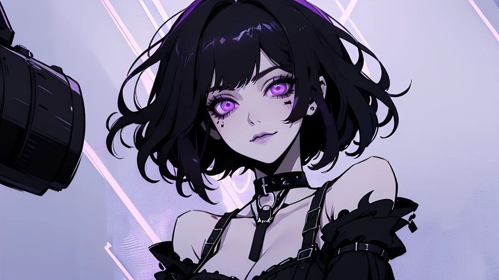 Jk. 1girl. Neon palette, short black hair, side swept bangs, dark purple eyes, black ruffled crop-top dress, shoulders exposed, black choker on neck. Tattoo's on arms.