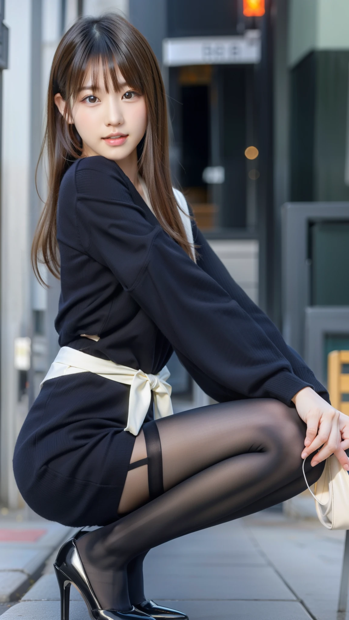 Araffe asian woman in black dress and high heels sitting on a bench -  SeaArt AI