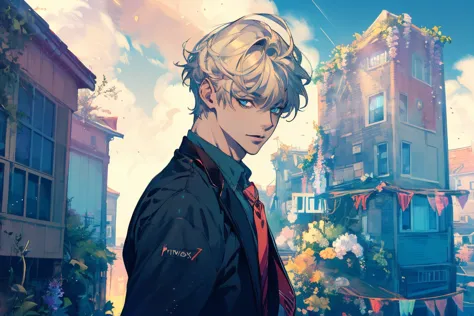 (masterpiece:1.2, high quality), (pixiv:1.4), 1 man with short blond hair, tall handsome man, fansty world