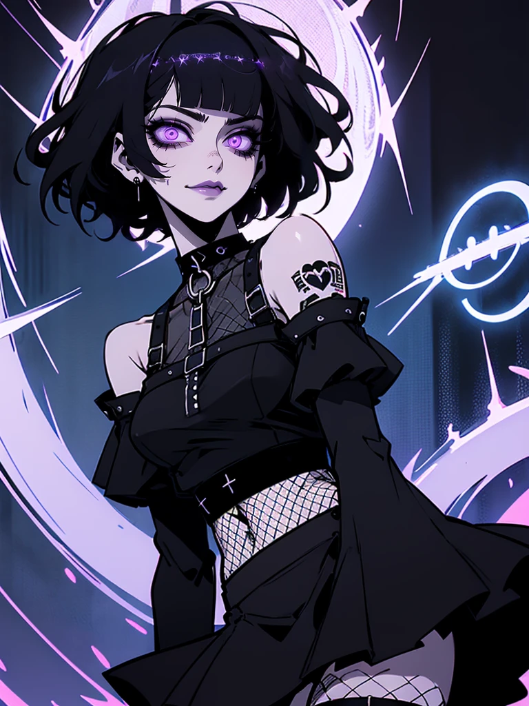 Jk. 1girl. Neon palette, short black hair, side swept bangs, dark purple eyes, black ruffled crop-top dress, shoulders exposed, black tennis skirt, black fishnets, black knee-high boots, black choker on neck. Tattoo's on arms.