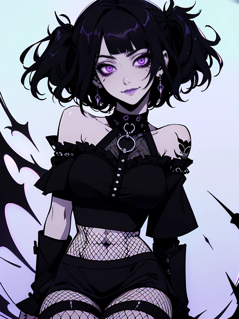 Jk. 1girl. Neon palette, short black hair, side swept bangs, dark purple eyes, black ruffled crop-top dress, shoulders exposed, black tennis skirt, black fishnets, black knee-high boots, black choker on neck. Tattoo's on arms.