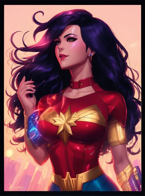 um close de uma mulher com fones de ouvido segurando um telefone celular, de JoWOnder, Mulher maravilha, artgerm e atey ghailan, portrait of Mulher maravilha, just a joke, Alena Aenami e Artgerm, estilo artgerm, estilo de arte da DC Comics, artgerm colorido!!!, no estilo de artgerm