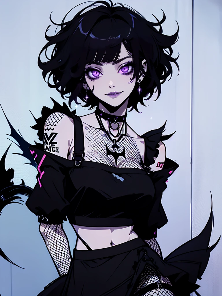 Jk. 1girl. Neon palette, short black hair, side swept bangs, asymmetrical hair, black ruffled crop-top dress, shoulders exposed, black tennis skirt, black fishnets, black knee-high boots, black choker on neck. Tattoo's on arms. Dark bedroom background.