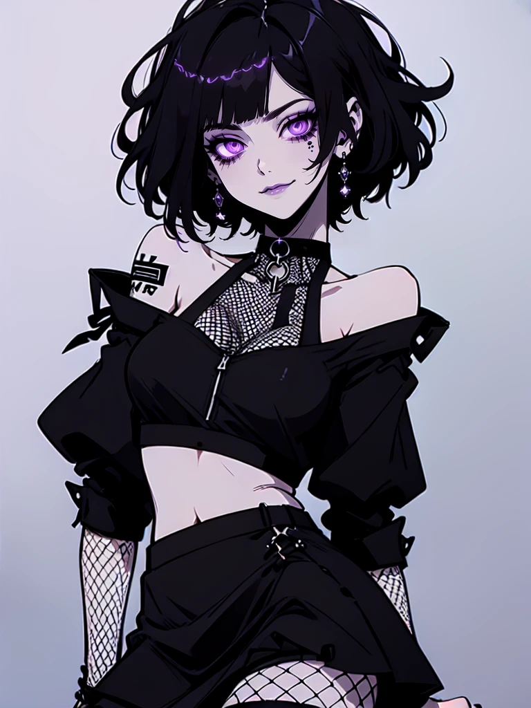 Jk. 1girl. Neon palette, short black hair, side swept bangs, asymmetrical hair, black ruffled crop-top dress, shoulders exposed, black tennis skirt, black fishnets, black knee-high boots, black choker on neck. Tattoo's on arms. Dark bedroom background.