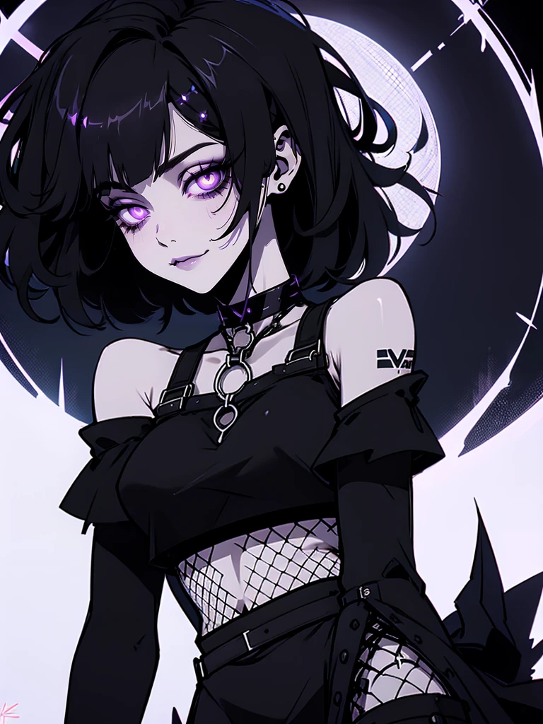 Jk. 1girl. Neon palette, short black hair, side swept bangs, asymmetrical hair, black ruffled crop-top dress, shoulders exposed, black tennis skirt, black fishnets, black knee-high boots, black choker on neck. Tattoo's on arms. Dark bedroom background.