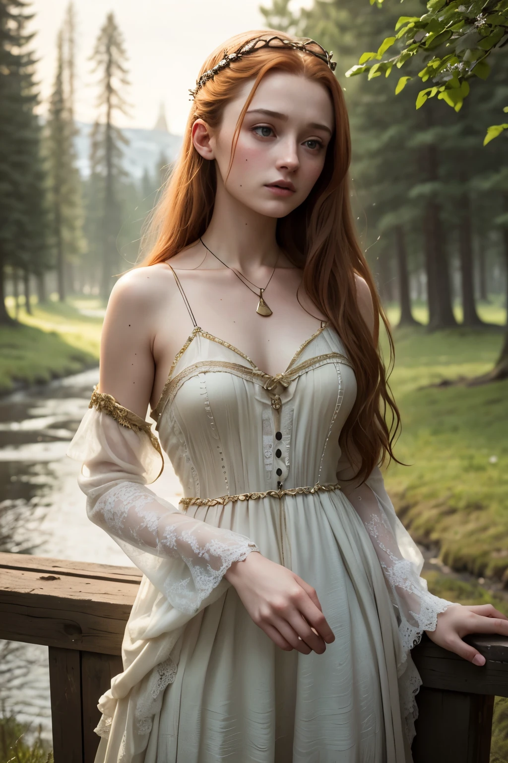 8k, beste Qualität, Meisterwerk, sehr detailliert, Absolut realistisch, Sansa Stark in der Welt von Game of Thrones, 20 Jahre alt, durchsichtige Kleidung im mittelalterlichen Stil, kurzes Sommerkleid, tiefer Ausschnitt, frivole Kleidung, nackten Schultern, golden details, schlanke Figur, geöffnete Kleidung, kalter Gesichtsausdruck, draußen, Waldhintergrund, mit vielen Bäumen und dunklem Himmel