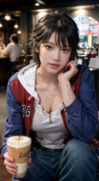 (realistic, High resolution:1.3), One girl with perfect figure, very detailed face and eyes, short hair, big breasts、(Ichiro Yamada&#39;s costume),  at the cafe, coffee on the table, red and blue jacket、white inner hoodie、jeans、