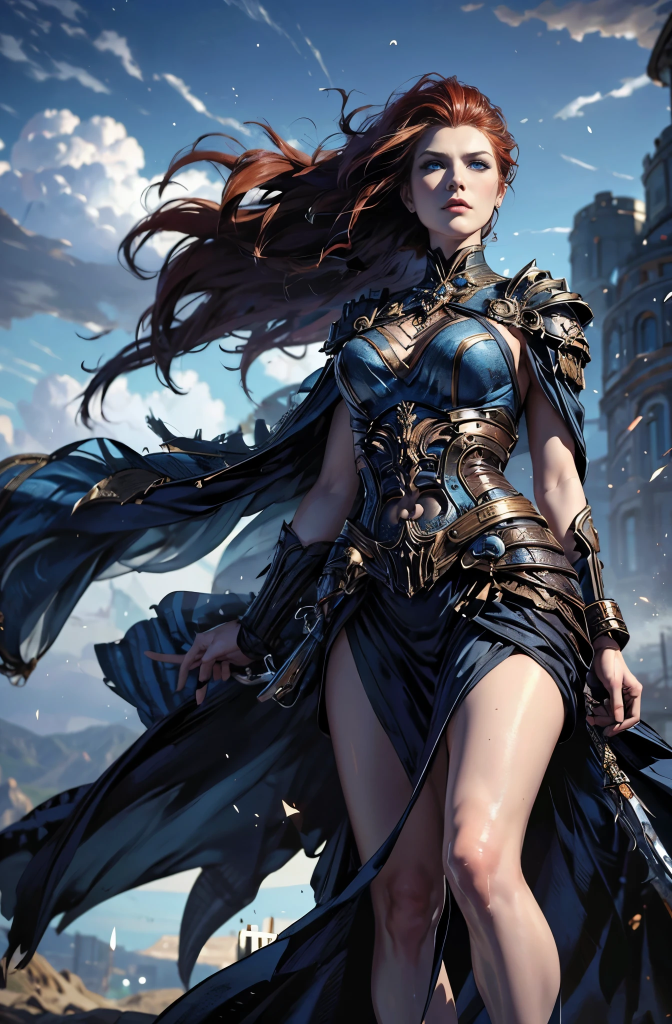 Battlefield commander with a great sword, A woman in her late 20s who boasts unparalleled beauty., red hair, Invincible female general, Brave, Awe-inspiring Hall々, The wind is thunderous, lightning speed, Be brave and bold, beautiful goddess of war, extremely detailed and beautiful eyes, blue eyes without pupils, Ride of Valkyrie, unparalleled beauty, perfect supermodel body, delicate, whole body slender, Tall and lean, Slender, quite beautiful face, beautiful, Cloak wrapped in the wind, Battle Master, wallop style, Style Ivan Talavera and Artgerm, wallop and art germ, art germ style, inspired by Vincent Lefevre, Gwaites style artwork, artgerm and wlop, figurative art, Beautiful and expressive paintings, Beautiful artwork illustration, wonderful, cool beauty, highest quality, official art, perfect composition, perfect angle, best shot, female solo, sharp outline, nostalgia, romantic, blue eyes without pupils, color eye, mysterious, fantasy, Sense of presence, battlefield, combat readiness, battle scene