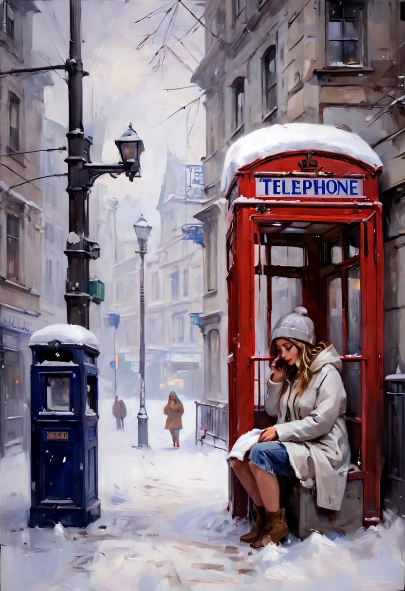 in the midst of winter, under a heavy snowfall, everything is covered in ice and snow. at a street corner, there's a phone booth...