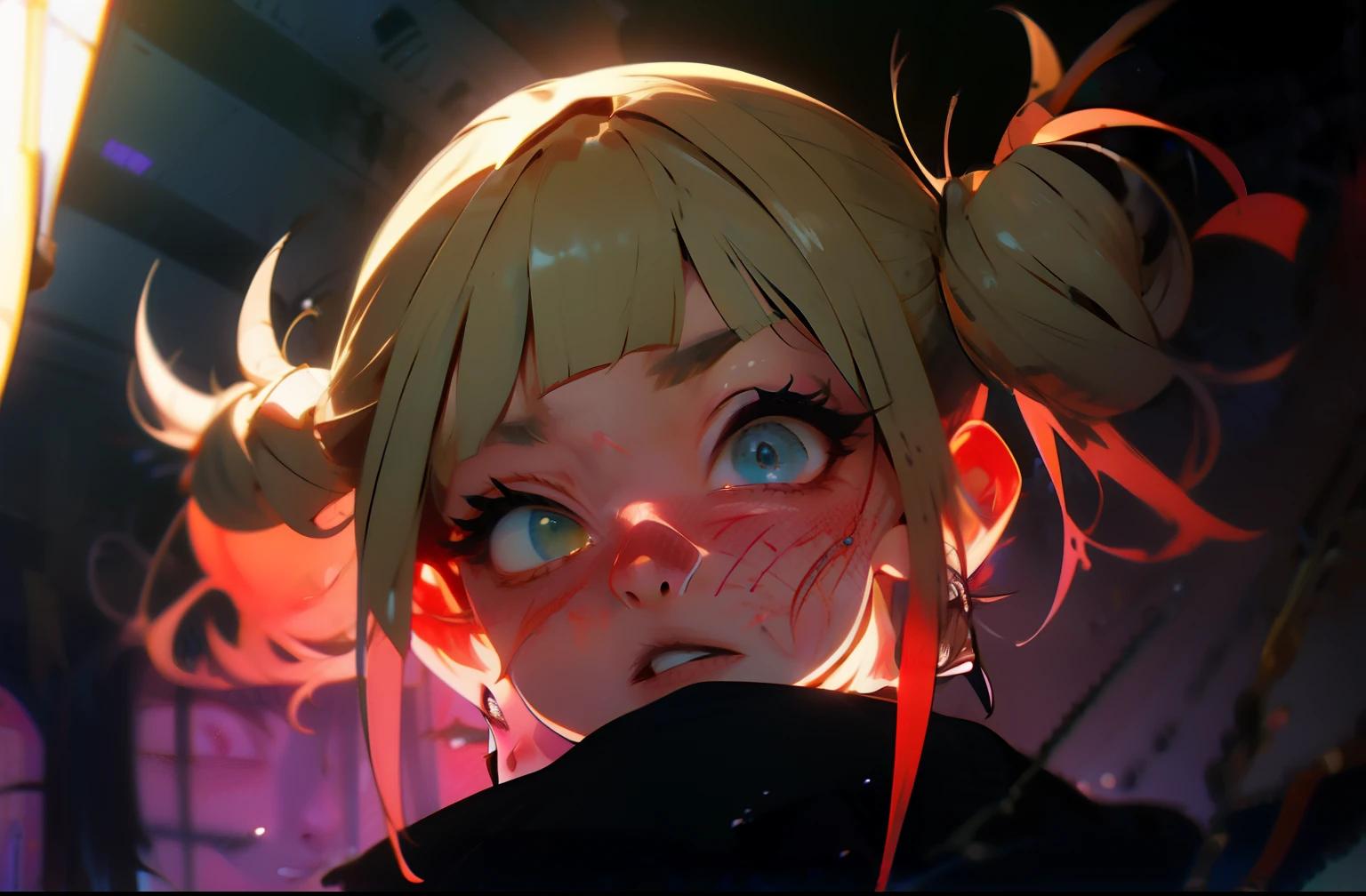 MASTER PIECE,HIMIKO TOGA,FULL BODY,SCHOOL UNIFORM,LAUGHTING,LOOKING AT VIEWER,the finger at VIEWER,CRAZY EYES,DINAMIC LIGHT,MISED ROOM,BEDROOM,CUALITY SADOWS,GRADIEN CUT,STANDING,DINAMIC POSE,NEUTRAL VIEW,
