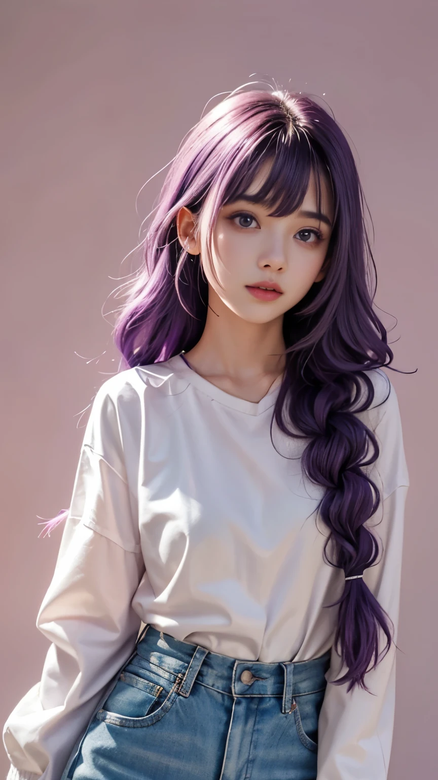 1 6 year old girl，Cute little girl look，Purple hair big breasts、purple hair、long hair、thick braid、purple eyes，Cute pink lips，wearing a bright shirt，in a pastel color palette aurorapunk style，Anime illustration of her face，Animated GIFs，hand-drawn animation，Fascinating sketches，Smooth and shiny，Hazy，Super Flat Style，White background - AR 1:1--Niji 5--Stylistic expression--S 50，solid color background，No makeup，Super cute face without makeup