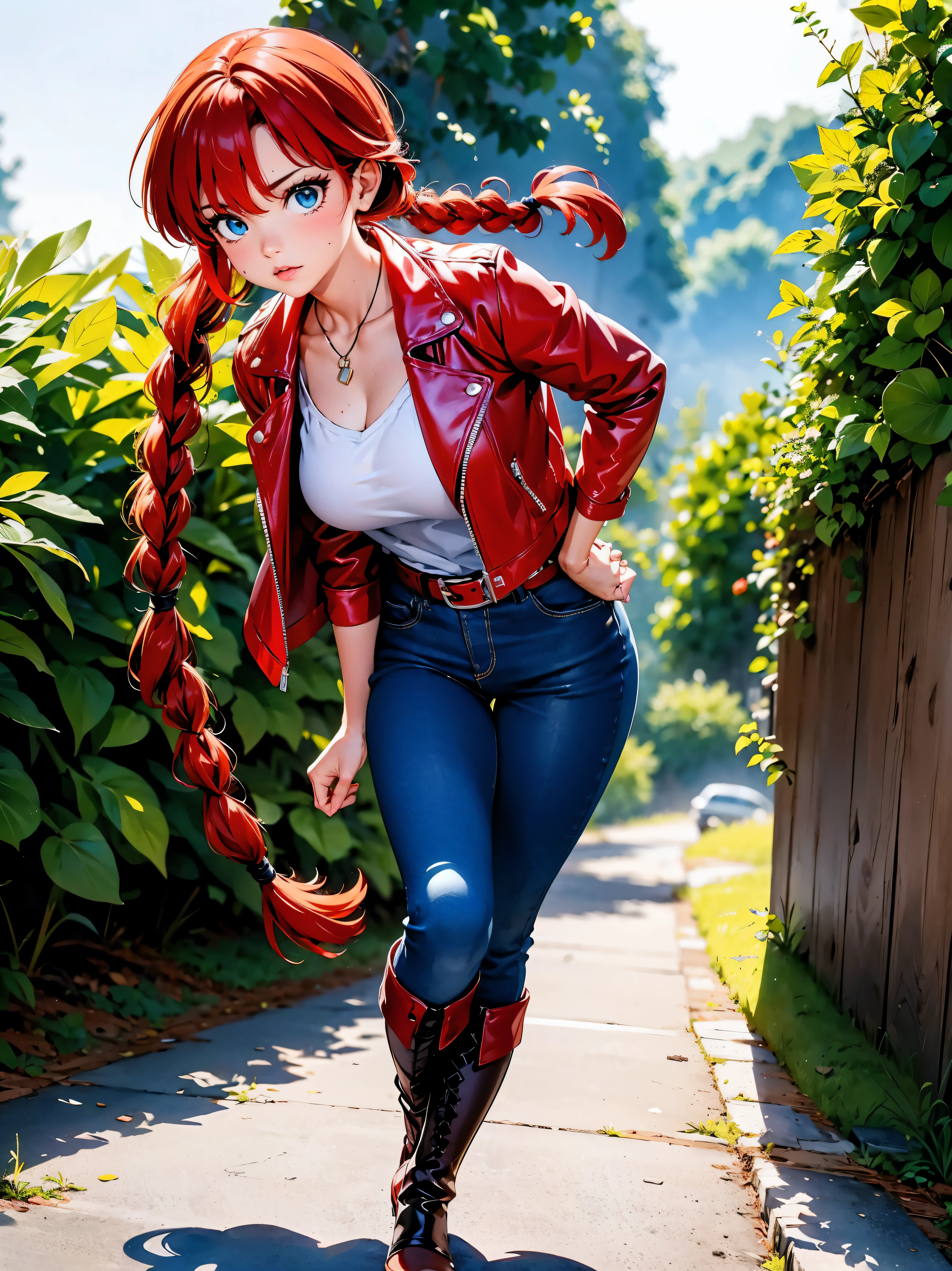 er pants, 16 yrs old, Body cute, Black boots, leather boot shoes, breasts big, with one hand on your waist and the other on your lips, hand on hip, hand with finger on lip, finger her mouth, sexy girl, red hair with braid, beautiful lighting, softshadows, blue colored eyes, pretty legs, hair with braid, anime styling, ranma chan, Autora Rumiko Takahashi, Based on a work by Rumiko Takahashi, Anime Ranma 1/2, breasts big, decote sexy, robust hip, fully body, fully body, Beautiful breasts, garota Youngh com corpo belo e bonito, Black boots, leather boot shoes, red leather jacket and blue leather pants, white blouse under the jacket, sexy girl, Youngh 