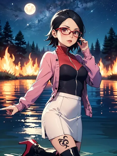 ((Sarada Uchiha is with tattoos and wearing high heeled boots, a pencil white skirt, dark pink high neck bodysuit, cardigan, gla...