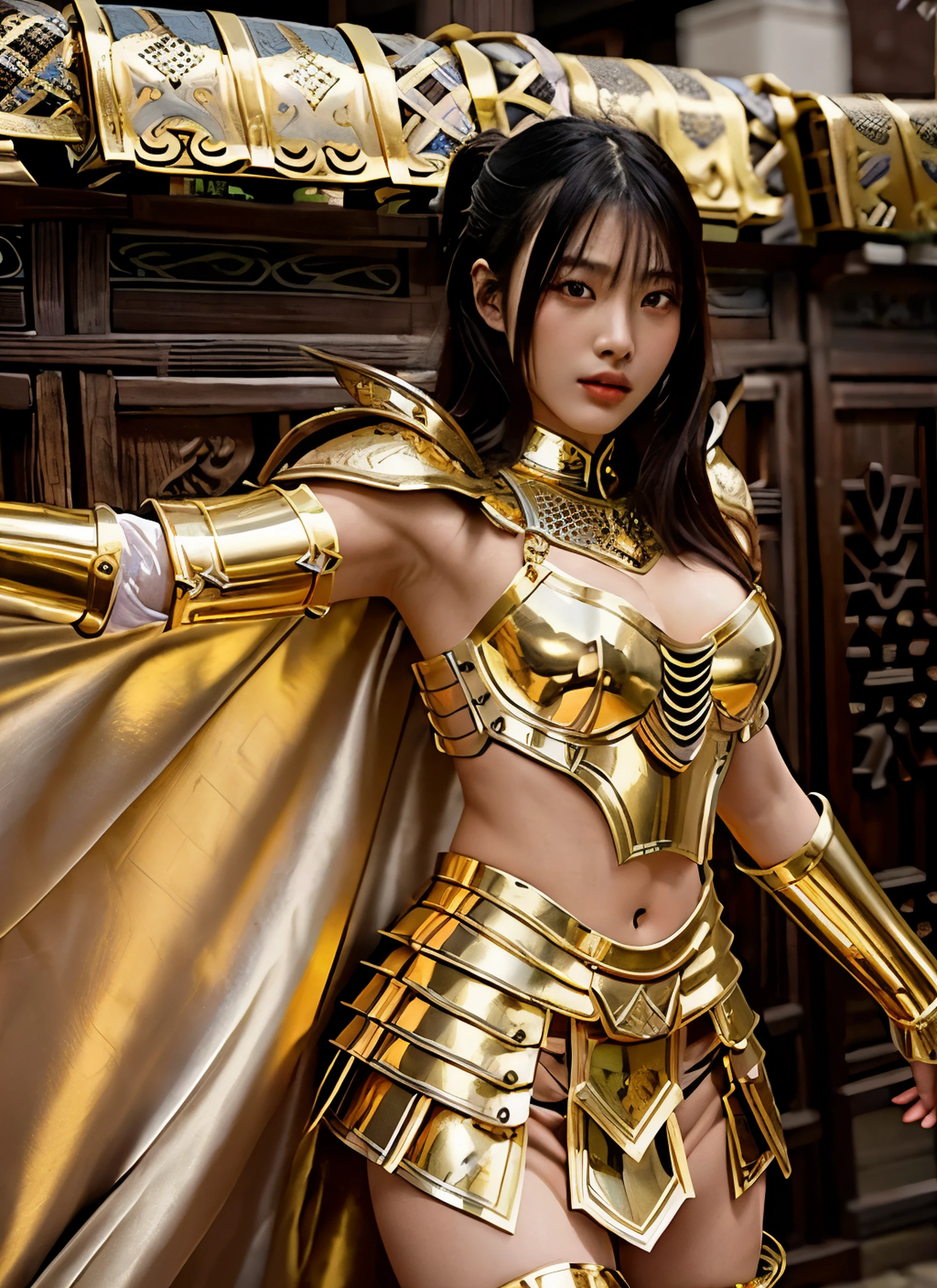 ultra‐realistic, sharp-focused, a beautiful 17 year old female knight, a model with ethnicity mix of Korean and Chinese, wearing sexy shiny gold armor in style of ancient Thai art, highly detailed and intricate armor, stacked shoulder armor, multi-piece metal skirt, partially nude breast, erected nipples, partially-visible black laced underwear, big deep purple cape, --v 4-