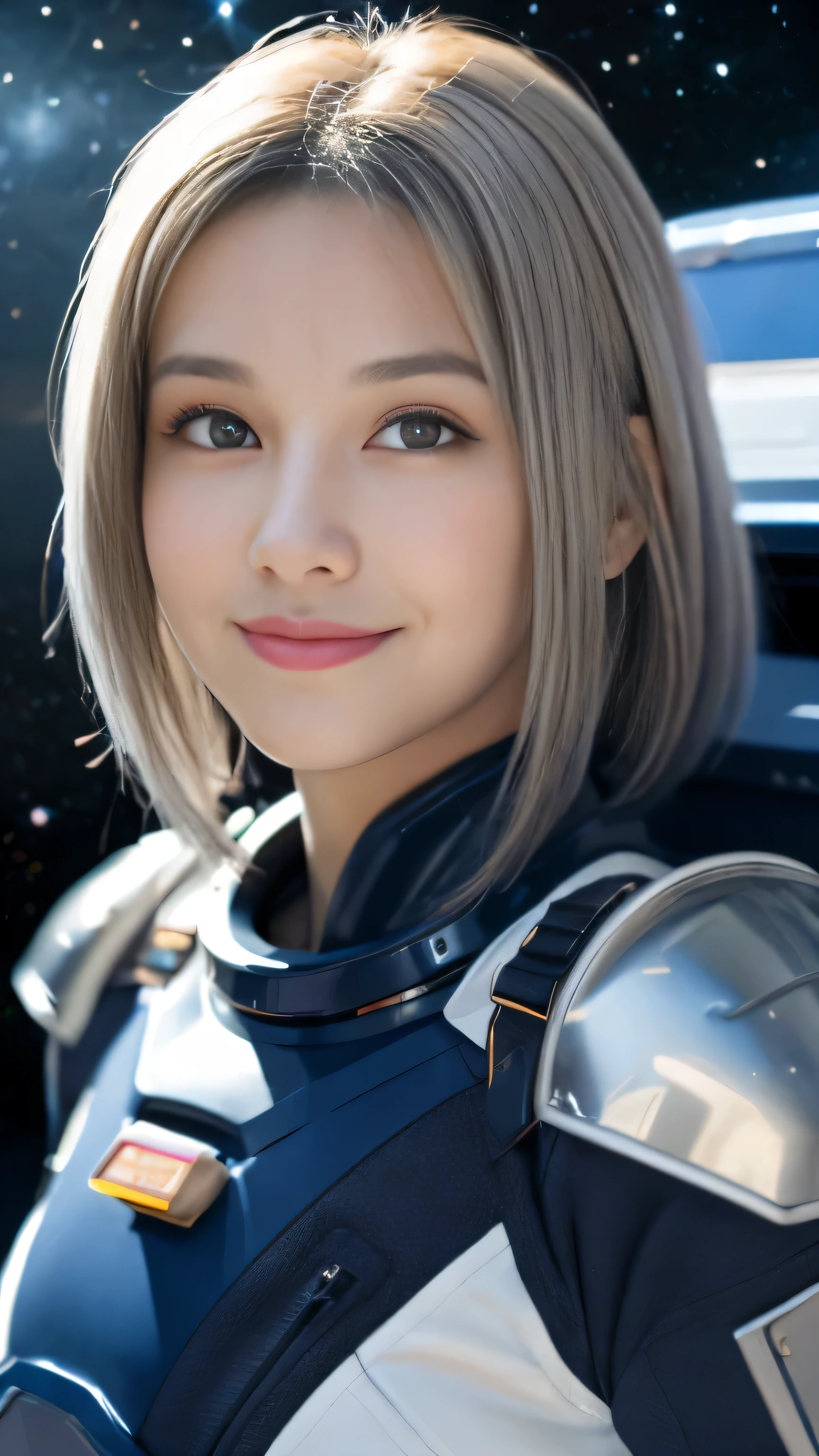 Best Quality, Ultra High Resolution, (Realism: 1.4), Depth of Field, Beautiful Face, (PureErosFace_V1: 0.8), Halfbody, | | 1girl, medium chest, (gray hair: 1.3), innocent smile, natural makeup, | | | Model pose, | | (Spacesuit: 1.3), (Blue Armor: 1.3), Exquisite Design, | | Space Background, Stars_(Sky), Moonlight, Night, | |