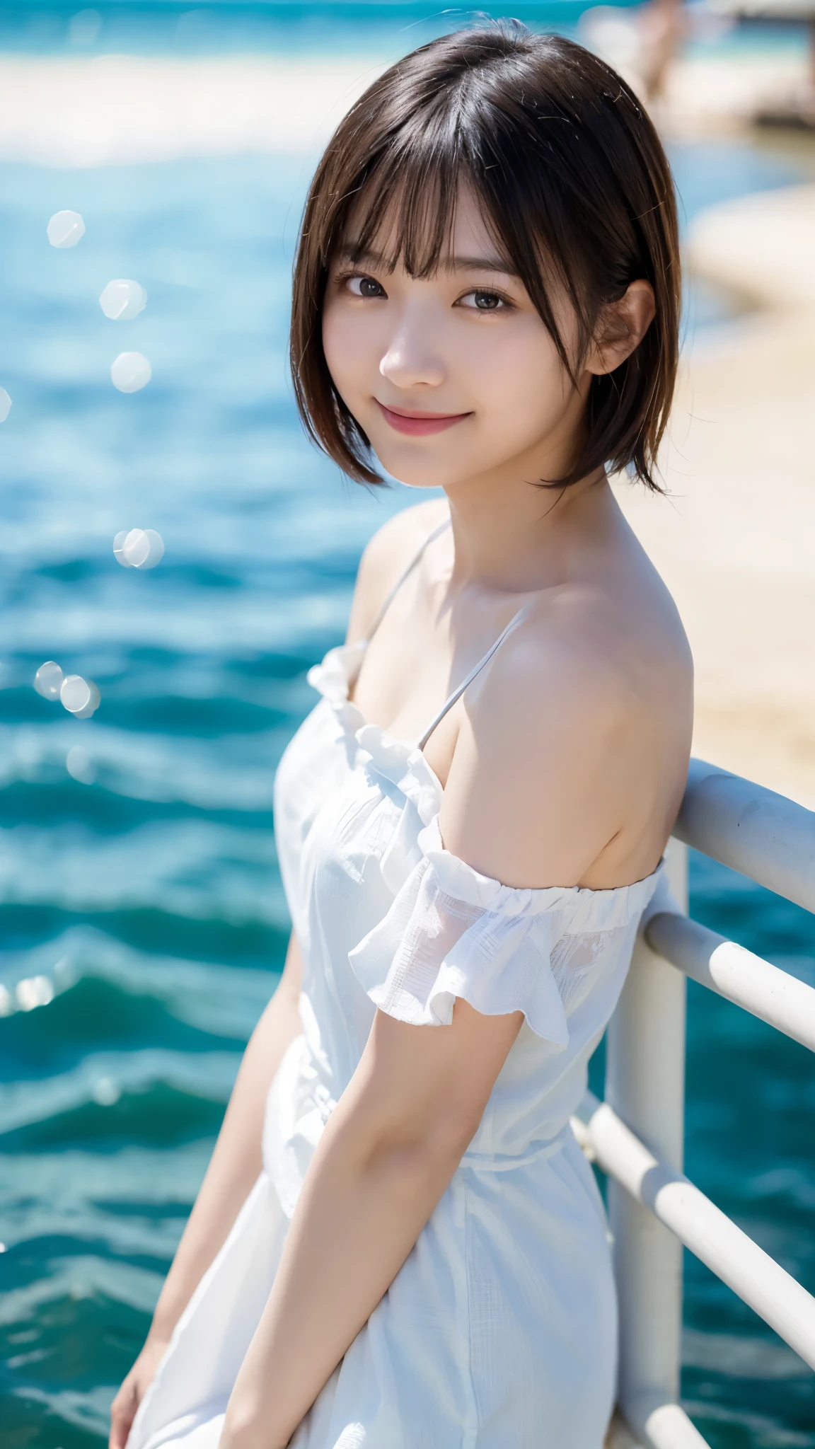 (highest quality,masterpiece:1.3,ultra high resolution),(Super detailed,caustics,8k),(photorealistic:1.4,RAW shooting),Japanese,18-year-old,cute,(Smiling and looking at the camera),black short hair,(big ),White off-the-shoulder dress,(Stand in a forward leaning position),(low position:1.3),(Low - Angle:1.3),(shot from the waist up),clear and beautiful sea,beach,sun,strong sunlight,Lens flare,Natural light,professional writing