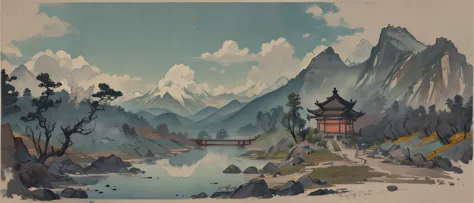 超高分辨率，tmasterpiece，8k，Wallpapers，HighestQuali，extremely detaile，Shen Mengxi's painting "Qianli Jiangshan" depicts a landscape in...